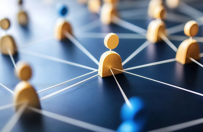 small wooden human like figure with strings connected between each other to help indicate a network of people